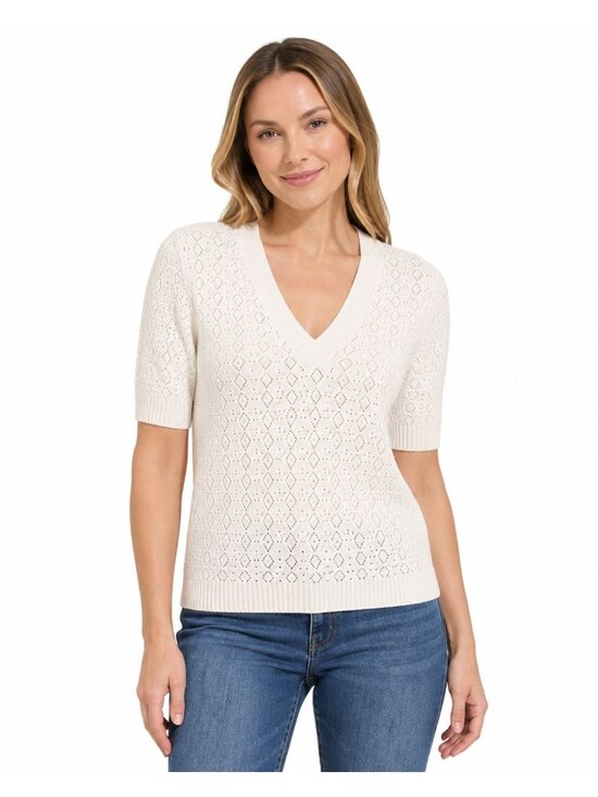 Splendid Tops - Splendid Womens White Short-Sleeve V-Neck Sweater XXL Diamond Eyelet Knit